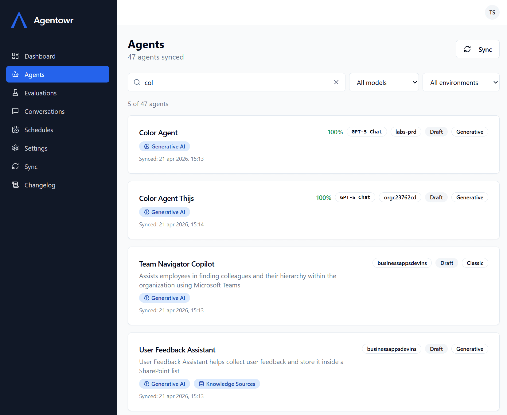 Agentowr agent list view showing synced Copilot Studio agents across multiple environments with health indicators and last evaluation status
