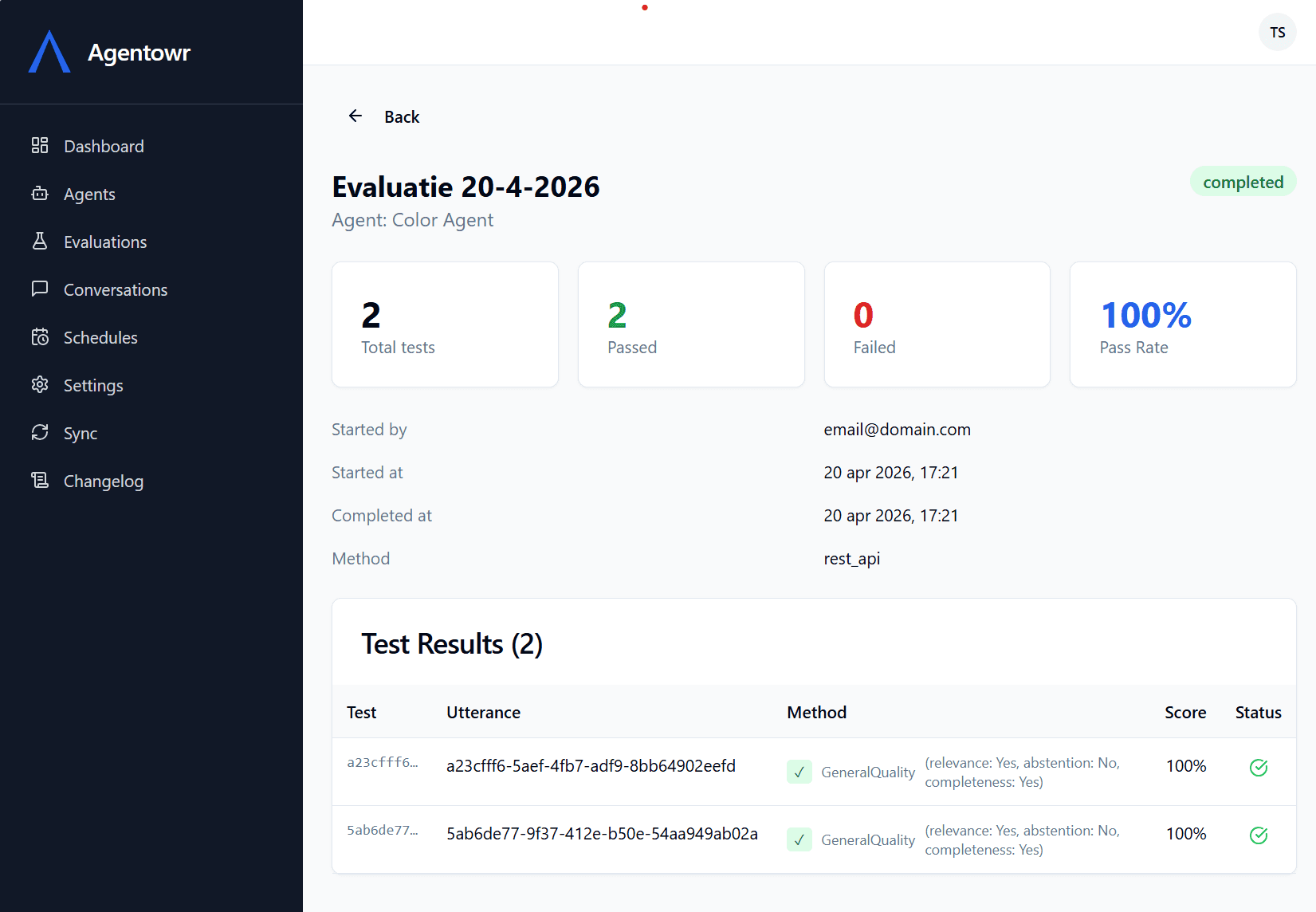 Agentowr evaluation results showing pass/fail test cases for a Copilot Studio agent with conversation transcripts and detailed response analysis